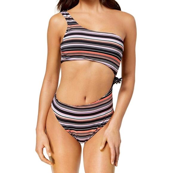 Bar III Reversible One Piece Black Floral Stripe Swimsuit Large NWOT - Picture 3 of 4
